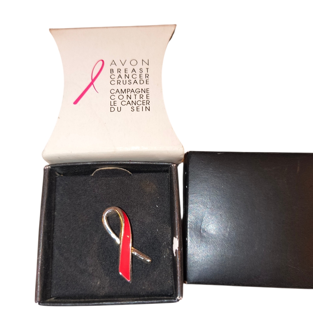 Avon Pink Awareness Ribbon Pin with Silver Trim